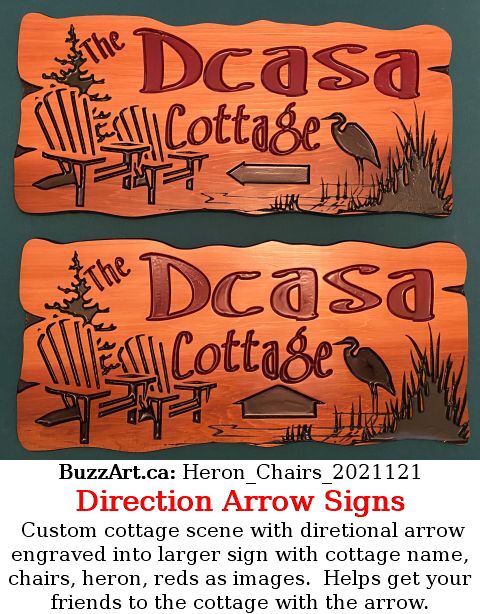 Custom cottage scene with diretional arrow engraved into larger sign with cottage name, chairs, heron, reds as images.  Helps get your friends to the cottage with the arrow.